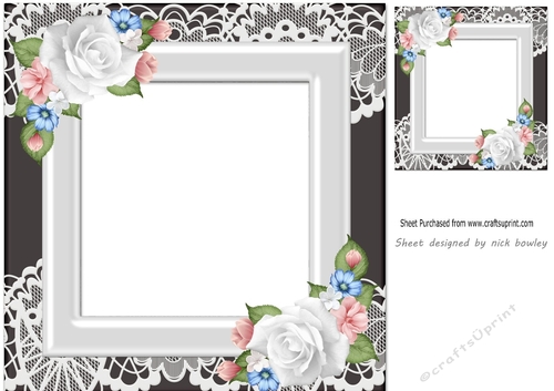 Pretty black/white lace ornate frame card front/insert  8x8 