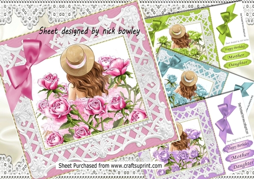  4 pretty bonnet girls with roses and bows card fronts 8x8 mini kit