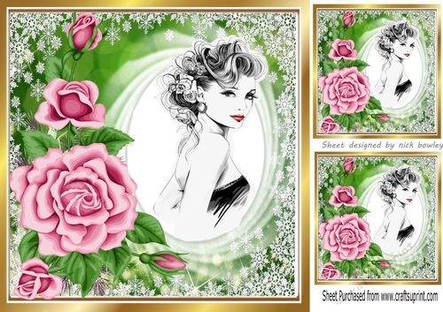 Elegant lady with pretty pink roses 8x8 (one)