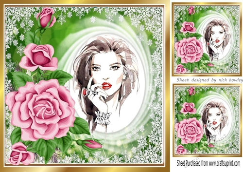 Elegant lady with pretty pink roses 8x8 (two)