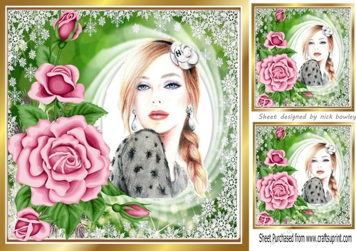 Elegant lady with pretty pink roses 8x8 (three)