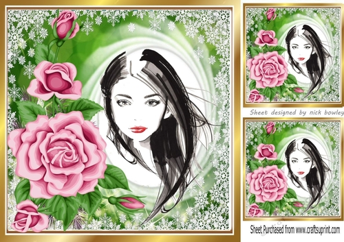 Elegant lady with pretty pink roses 8x8 (four)