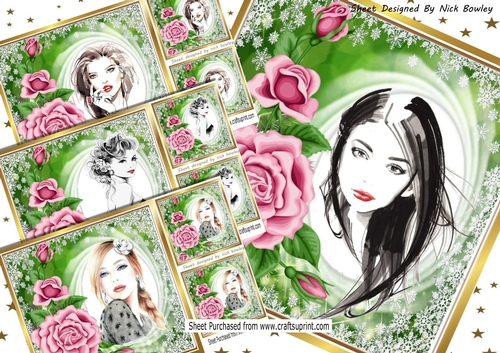  4 Elegant ladies with pretty pink roses 8x8 card fronts mini kit