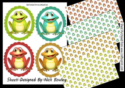 4 Coloured Happy Frogs in Scalloped Frame Toppers/papers mini kit