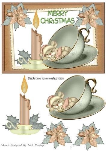 Cute little mouse sleeping with poinsettias and candle A5