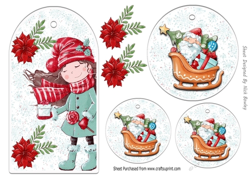 Christmas Girl tag with embelishments cut outs