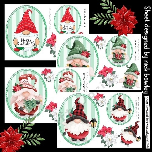  4 lovely Christmas Gnome green stripe toppers with embelishments mini kit