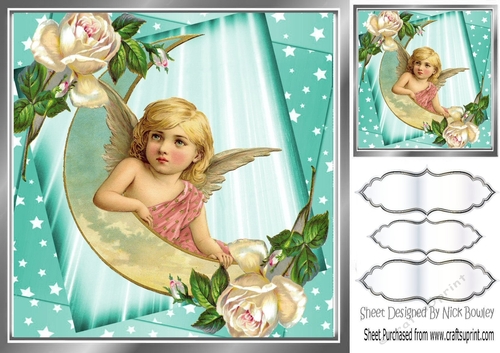 Sweet Angel sitting on a moon with stars and white roses (one) 8x8