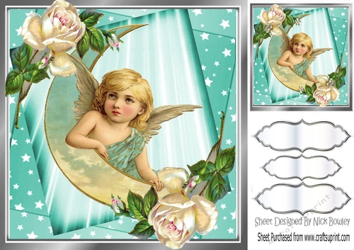 Sweet Angel sitting on a moon with stars and white roses (two) 8x8