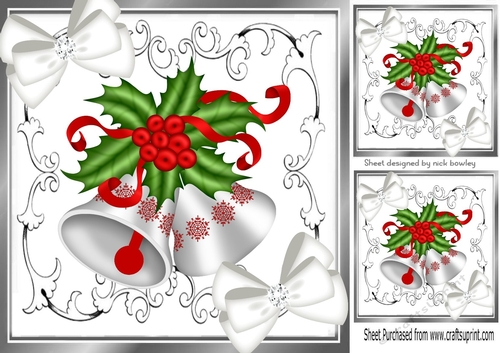 pretty white christmas bells/ bows in silver ornate frame 8x8