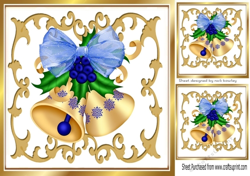 pretty gold christmas bells/ bows in gold ornate frame 8x8