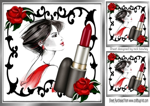 Modern girl in black ornate frame with red roses 8x8