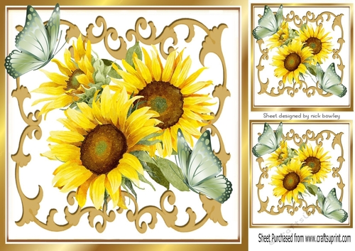 Gold ornate 8x8 Frame with watercolour sunflowers /butterflies