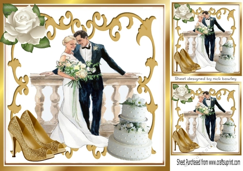  gold ornate scroll  wedding and white roses 8x8 card front