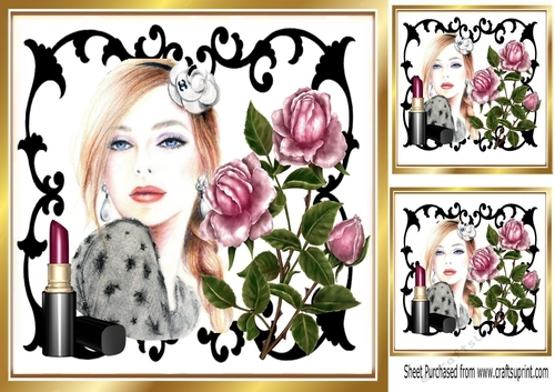  black/gold ornate frame with modern lady/roses 8x8 card front