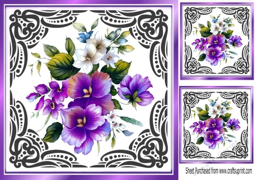 purple with black fancy 8x8 frame and purple pansies