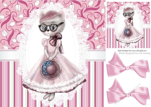 Sweet kitty on lace with pink stripe and bows 8x8