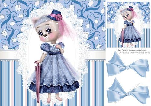 Sweet kitty on lace with blue stripe and bows 8x8