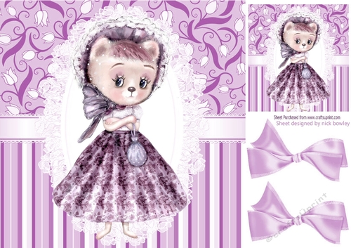 Sweet kitty on lace with lilac stripe and bows 8x8