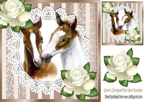 Pretty Horses in brown ornate stripe with lace & white roses 8x8