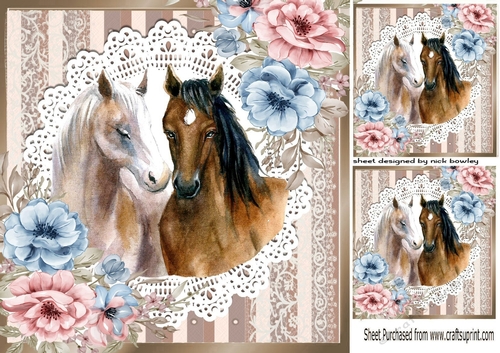 Pretty Horses in brown ornate stripe with lace & pink roses 8x8