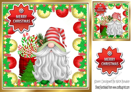 Lovely Gnome with christmas baubles and and candycane 8x8