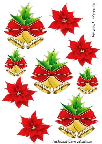  christmas bells with red bows and poinsettias collage cut outs