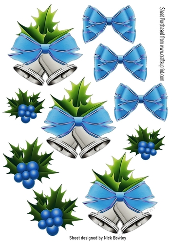 christmas bells with blue bows and holly collage cut outs