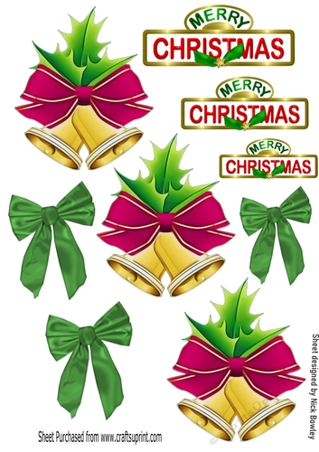 christmas bells with pink bows collage cut outs