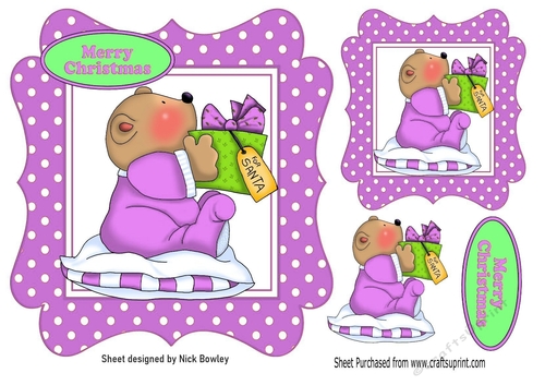 Cute little christmas teddy bear in lilac dot 7x7 frame