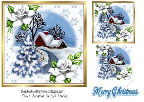 Pretty snow scene with cottage 7x7 white roses