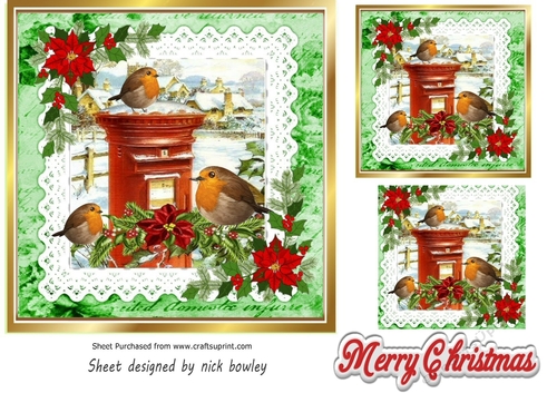 snow village with robins 7x7, card front