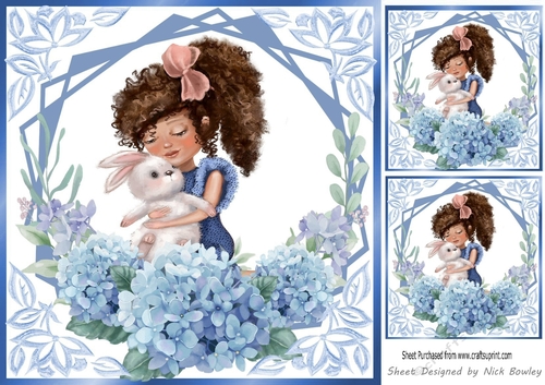 Pretty Girl holding a cute bunny with blue flowers 8x8