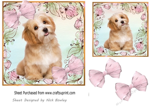 Pink floral card front/topper with cute puppy & bows 7x7