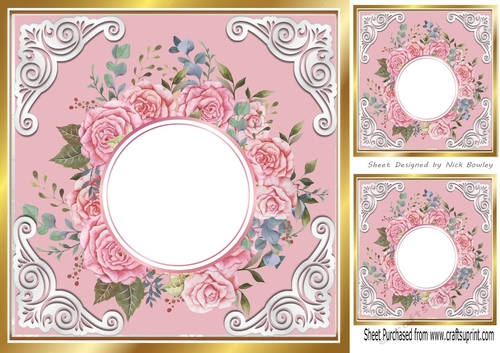 Pretty pink roses ornate corners 8x8 card front  