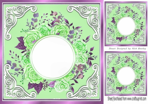 Pretty Green roses ornate corners 8x8 card front