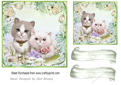 Green Floral  7x7 card front with  cute Kittens
