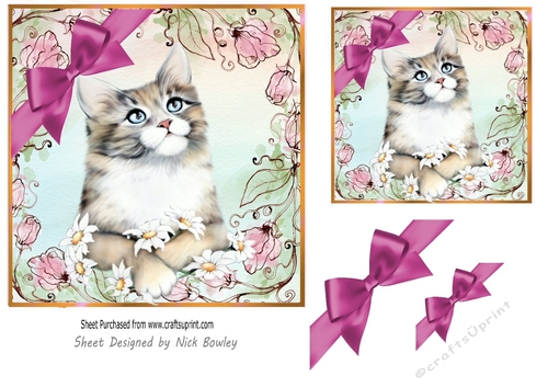 Pink floral 7x7 Card Front, with cute kitten and corner bow