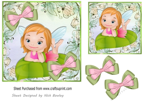 green Floral  7x7 card front/topper with cute faerie on a leaf