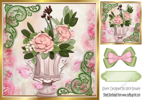 Pretty roses in a vase with ornate corners 8x8