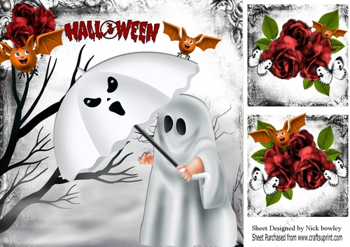 Happy Halloween! Ghost with bats red roses 8x8