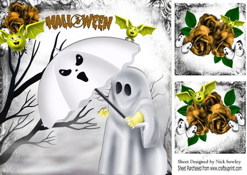 Happy Halloween! Ghost with bats gold roses 8x8