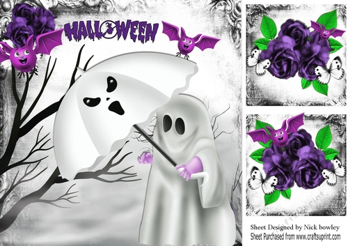 Happy Halloween! Ghost with bats purple roses 8x8