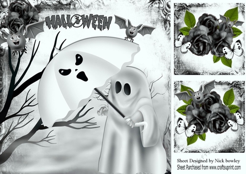 Happy Halloween! Ghost with bats grey roses 8x8