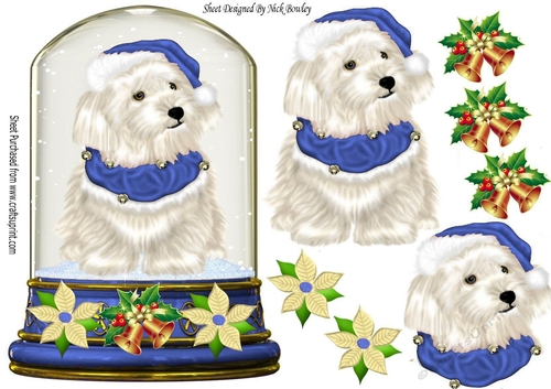 Cute Westie in Blue Santa Hat in snow globe topper