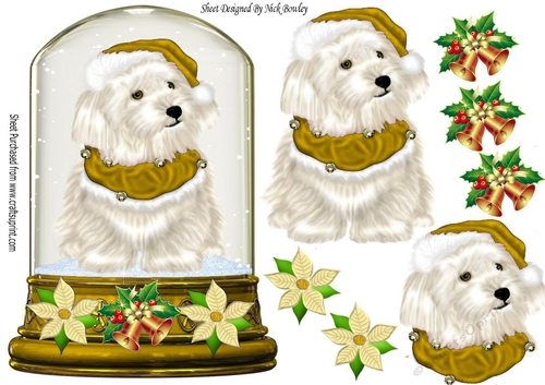 Cute Westie in gold Santa Hat in snow globe topper