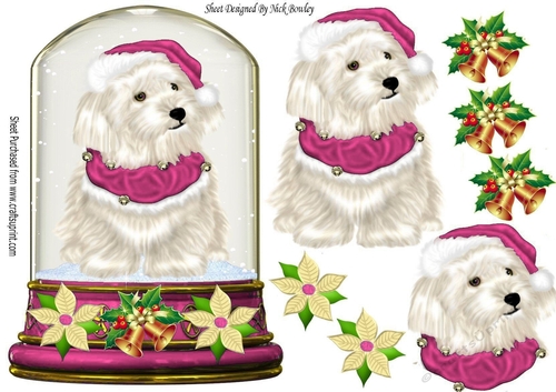 Cute Westie in pink Santa Hat in snow globe topper