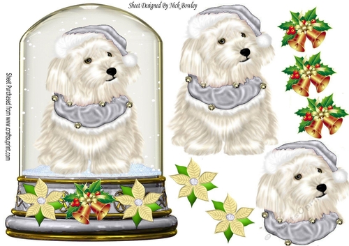 Cute Westie in silver Santa Hat in snow globe topper