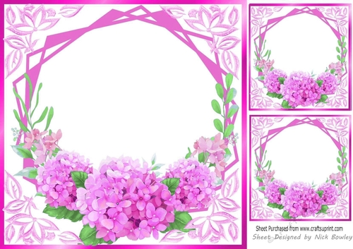Pretty cerise flowers ornate card front/insert 8x8