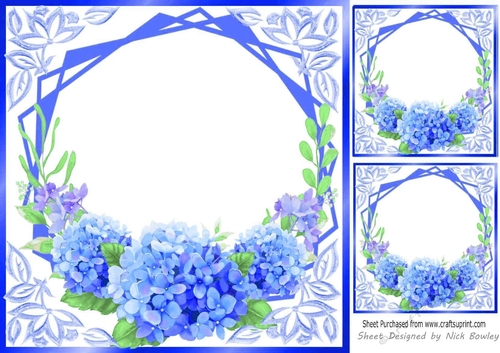 Pretty bright blue flowers ornate card front/insert 8x8